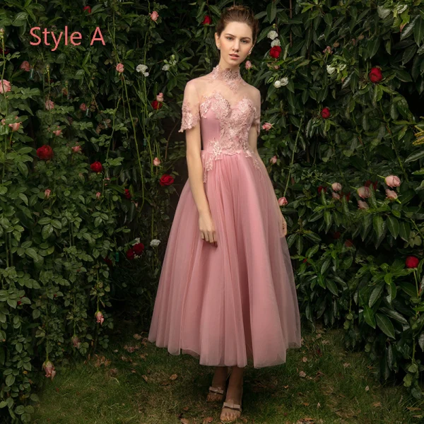 Modern / Fashion See-through Pearl Pink Bridesmaid Dresses 2019 A-Line / Princess Appliques Lace Tea-length Ruffle Backless Wedding Party Dresses