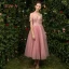 Modern / Fashion See-through Pearl Pink Bridesmaid Dresses 2019 A-Line / Princess Appliques Lace Tea-length Ruffle Backless Wedding Party Dresses