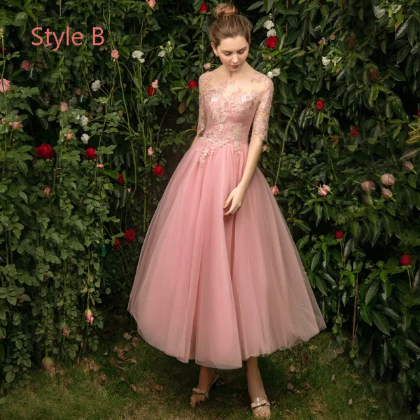 Modern / Fashion See-through Pearl Pink Bridesmaid Dresses 2019 A-Line / Princess Appliques Lace Tea-length Ruffle Backless Wedding Party Dresses