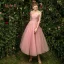 Modern / Fashion See-through Pearl Pink Bridesmaid Dresses 2019 A-Line / Princess Appliques Lace Tea-length Ruffle Backless Wedding Party Dresses