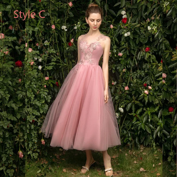 Modern / Fashion See-through Pearl Pink Bridesmaid Dresses 2019 A-Line / Princess Appliques Lace Tea-length Ruffle Backless Wedding Party Dresses
