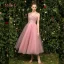 Modern / Fashion See-through Pearl Pink Bridesmaid Dresses 2019 A-Line / Princess Appliques Lace Tea-length Ruffle Backless Wedding Party Dresses