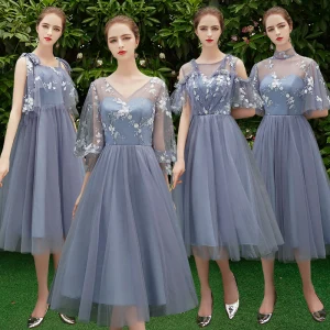 Remise Océan Bleu Robe Demoiselle D Honneur 2019 Princesse Appliques En Dentelle Thé Longueur Volants Dos Nu Robe Pour Mariage