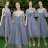 Rabatt Meeresblau Brautjungfernkleider 2019 A Linie Applikationen Spitze Wadenlang Rüschen Rückenfreies Kleider Für Hochzeit
