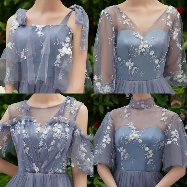 Discount Ocean Blue Bridesmaid Dresses 2019 A-Line / Princess Appliques Lace Tea-length Ruffle Backless Wedding Party Dresses