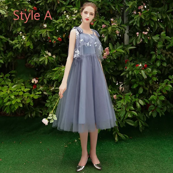 Discount Ocean Blue Bridesmaid Dresses 2019 A-Line / Princess Appliques Lace Tea-length Ruffle Backless Wedding Party Dresses