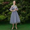 Discount Ocean Blue Bridesmaid Dresses 2019 A-Line / Princess Appliques Lace Tea-length Ruffle Backless Wedding Party Dresses