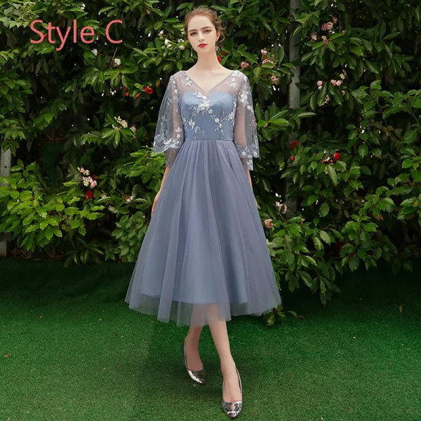Discount Ocean Blue Bridesmaid Dresses 2019 A-Line / Princess Appliques Lace Tea-length Ruffle Backless Wedding Party Dresses