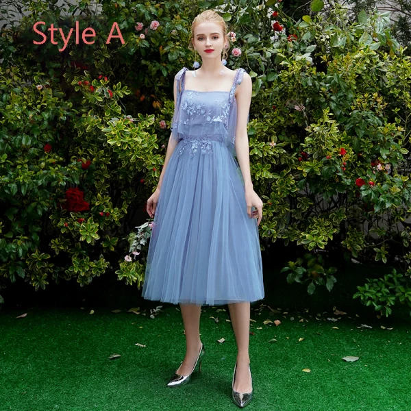 Chic / Beautiful Discount Ocean Blue Bridesmaid Dresses 2019 A-Line /  Princess Appliques Lace Tea-length Ruffle