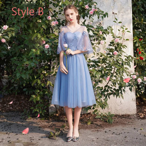 Chic / Beautiful Discount Ocean Blue Bridesmaid Dresses 2019 A-Line / Princess Appliques Lace Tea-length Ruffle Backless Wedding Party Dresses