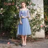 Chic / Beautiful Discount Ocean Blue Bridesmaid Dresses 2019 A-Line / Princess Appliques Lace Tea-length Ruffle Backless Wedding Party Dresses