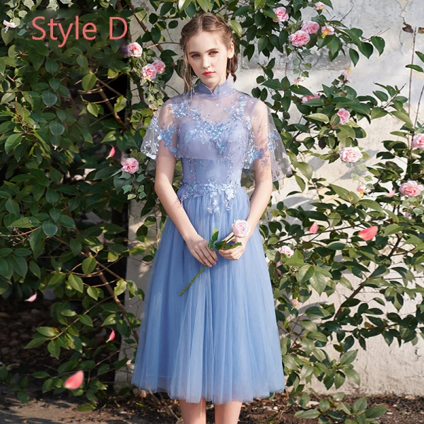 Chic / Beautiful Discount Ocean Blue Bridesmaid Dresses 2019 A-Line /  Princess Appliques Lace Tea-length Ruffle