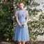 Chic / Beautiful Discount Ocean Blue Bridesmaid Dresses 2019 A-Line / Princess Appliques Lace Tea-length Ruffle Backless Wedding Party Dresses