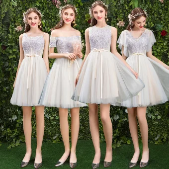 Modern Fashion Champagne Bridesmaid Dresses 2019 A Line Princess Appliques Lace Sash Short Ruffle Backless Wedding Party Dresses