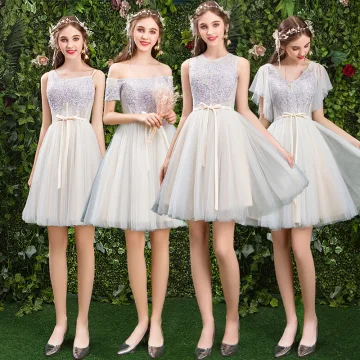 Modern Fashion Champagne Bridesmaid Dresses 2019 A Line Princess Appliques Lace Sash Short Ruffle Backless Wedding Party Dresses