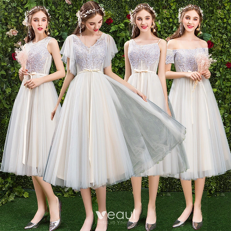 Modern Fashion Champagne Bridesmaid Dresses 2019 A Line Princess Appliques Lace Sash