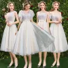 Modern / Fashion Champagne Bridesmaid Dresses 2019 A-Line / Princess Appliques Lace Sash Short Ruffle Backless Wedding Party Dresses