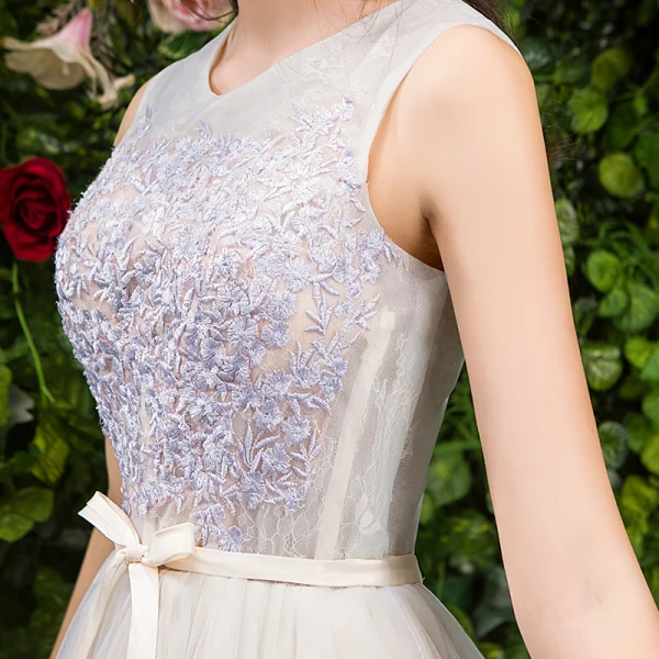 Modern / Fashion Champagne Bridesmaid Dresses 2019 A-Line / Princess Appliques Lace Sash Short Ruffle Backless Wedding Party Dresses