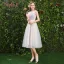 Modern / Fashion Champagne Bridesmaid Dresses 2019 A-Line / Princess Appliques Lace Sash Short Ruffle Backless Wedding Party Dresses