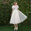 Modern / Fashion Champagne Bridesmaid Dresses 2019 A-Line / Princess Appliques Lace Sash Short Ruffle Backless Wedding Party Dresses