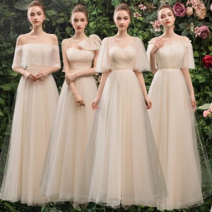 Erschwinglich Champagner Brautjungfernkleider 2019 A Linie Geflecktes Tülle Lange Rüschen Rückenfreies Kleider Für Hochzeit