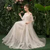 Affordable Champagne Bridesmaid Dresses 2019 A-Line / Princess Spotted Tulle Floor-Length / Long Ruffle Backless Wedding Party Dresses