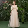 Affordable Champagne Bridesmaid Dresses 2019 A-Line / Princess Spotted Tulle Floor-Length / Long Ruffle Backless Wedding Party Dresses
