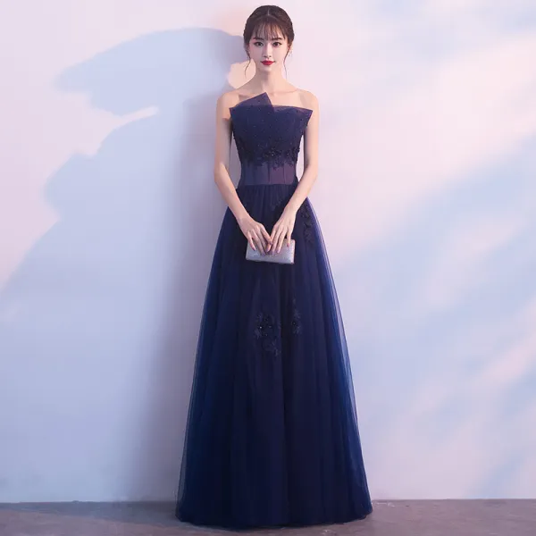 Affordable Navy Blue Evening Dresses  2019 A-Line / Princess Strapless Sleeveless Appliques Lace Beading Pearl Floor-Length / Long Ruffle Backless Formal Dresses