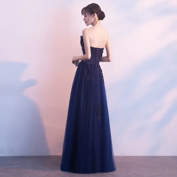 Affordable Navy Blue Evening Dresses 2019 A-Line / Princess Strapless Sleeveless Appliques Lace Beading Pearl Floor-Length / Long Ruffle Backless Formal Dresses