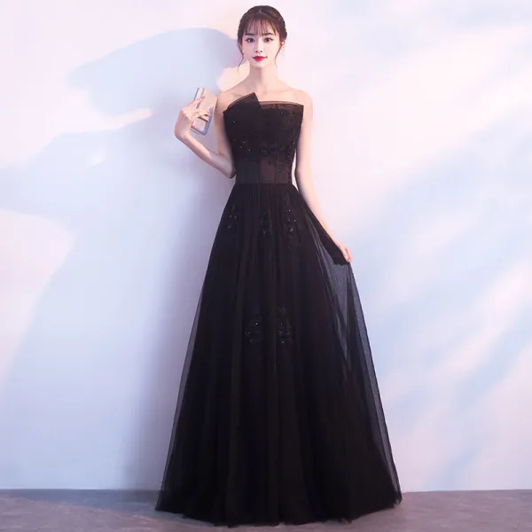 Affordable Navy Blue Evening Dresses 2019 A-Line / Princess Strapless Sleeveless Appliques Lace Beading Pearl Floor-Length / Long Ruffle Backless Formal Dresses