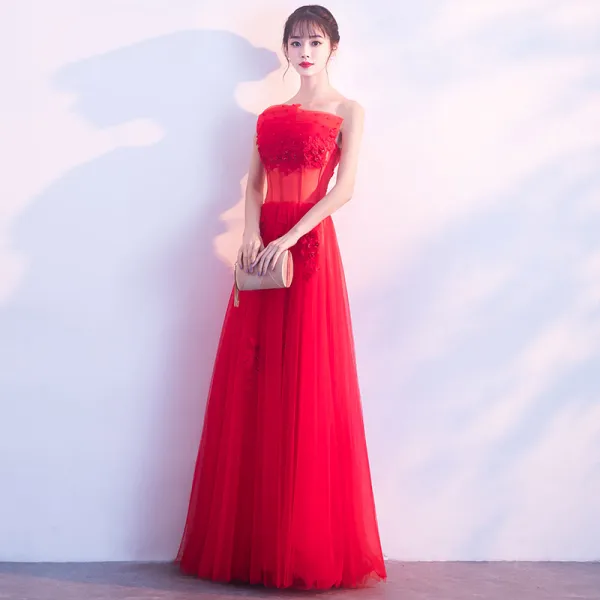 Affordable Navy Blue Evening Dresses 2019 A-Line / Princess Strapless Sleeveless Appliques Lace Beading Pearl Floor-Length / Long Ruffle Backless Formal Dresses
