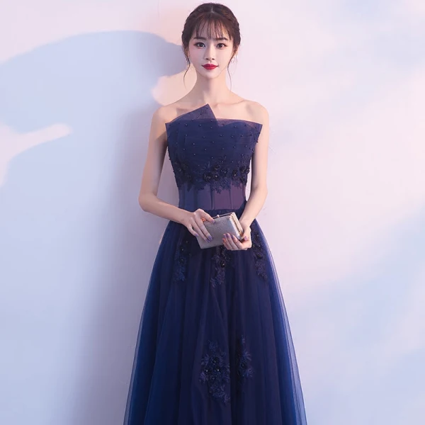 Affordable Navy Blue Evening Dresses 2019 A-Line / Princess Strapless Sleeveless Appliques Lace Beading Pearl Floor-Length / Long Ruffle Backless Formal Dresses