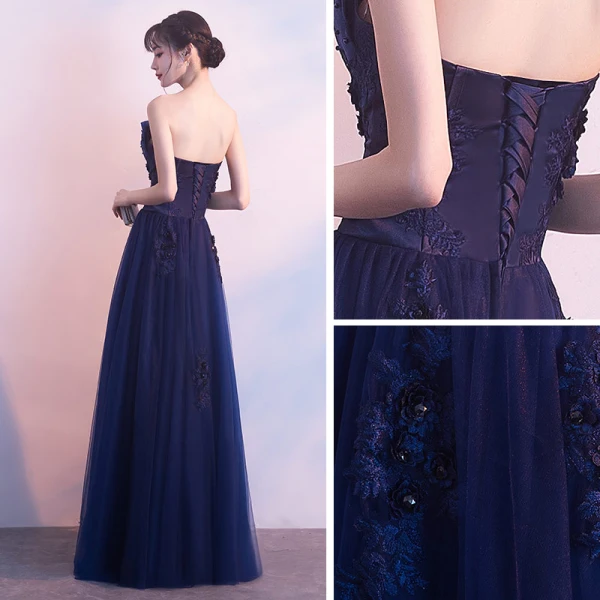Affordable Navy Blue Evening Dresses 2019 A-Line / Princess Strapless Sleeveless Appliques Lace Beading Pearl Floor-Length / Long Ruffle Backless Formal Dresses