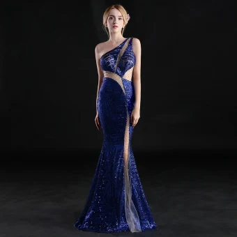 Sexy Royal Blue See Through Evening Dresses 2019 Trumpet Mermaid One Shoulder Sleeveless Rhinestone Glitter Sequins Floor Length Long Ruffle Backless Formal Dresses