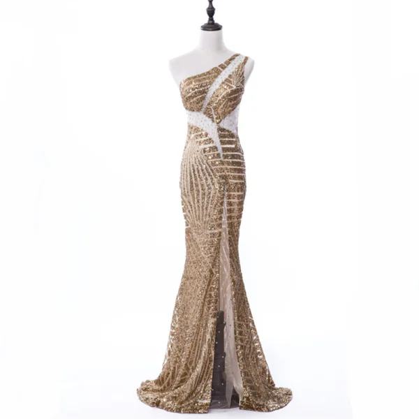 Sexy Bleu Roi Transparentes Robe De Soirée 2019 Trompette / Sirène Une épaule Sans Manches Faux Diamant Glitter Paillettes Longue Volants Dos Nu Robe De Ceremonie