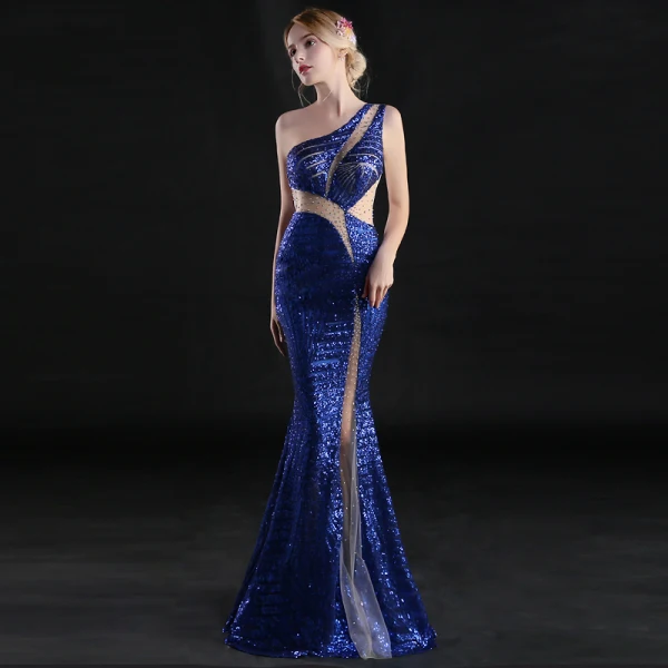 Sexy Bleu Roi Transparentes Robe De Soirée 2019 Trompette / Sirène Une épaule Sans Manches Faux Diamant Glitter Paillettes Longue Volants Dos Nu Robe De Ceremonie