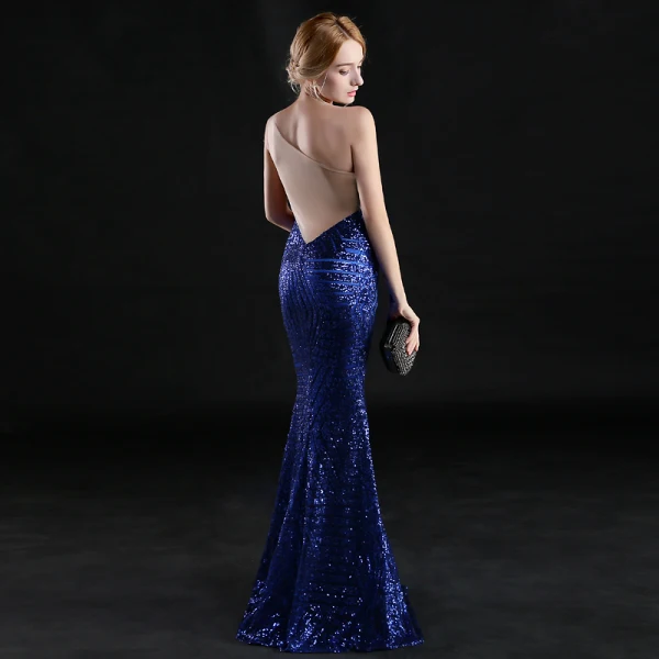 Sexy Bleu Roi Transparentes Robe De Soirée 2019 Trompette / Sirène Une épaule Sans Manches Faux Diamant Glitter Paillettes Longue Volants Dos Nu Robe De Ceremonie