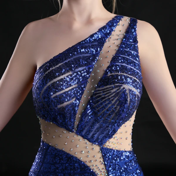 Sexy Bleu Roi Transparentes Robe De Soirée 2019 Trompette / Sirène Une épaule Sans Manches Faux Diamant Glitter Paillettes Longue Volants Dos Nu Robe De Ceremonie