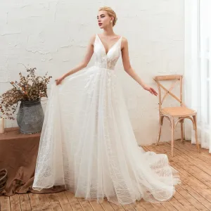Affordable Ivory Outdoor Garden Summer Wedding Dresses 2019 A Line Princess Deep V Neck Sleeveless Backless Appliques Lace Court Train Ruffle