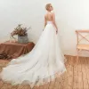 Affordable Ivory Outdoor / Garden Summer Wedding Dresses 2019 A-Line / Princess Deep V-Neck Sleeveless Backless Appliques Lace Court Train Ruffle