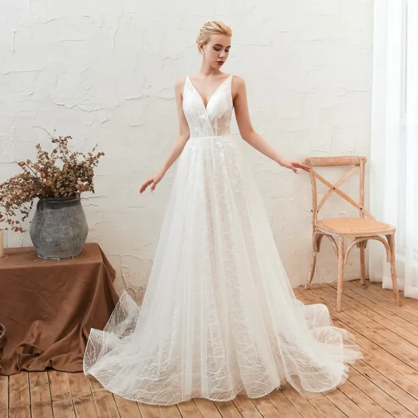 Affordable Ivory Outdoor / Garden Summer Wedding Dresses 2019 A-Line / Princess Deep V-Neck Sleeveless Backless Appliques Lace Court Train Ruffle