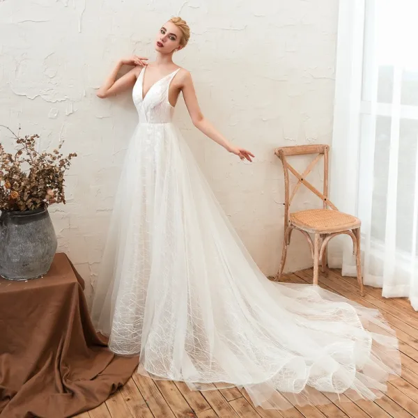 Affordable Ivory Outdoor / Garden Summer Wedding Dresses 2019 A-Line / Princess Deep V-Neck Sleeveless Backless Appliques Lace Court Train Ruffle