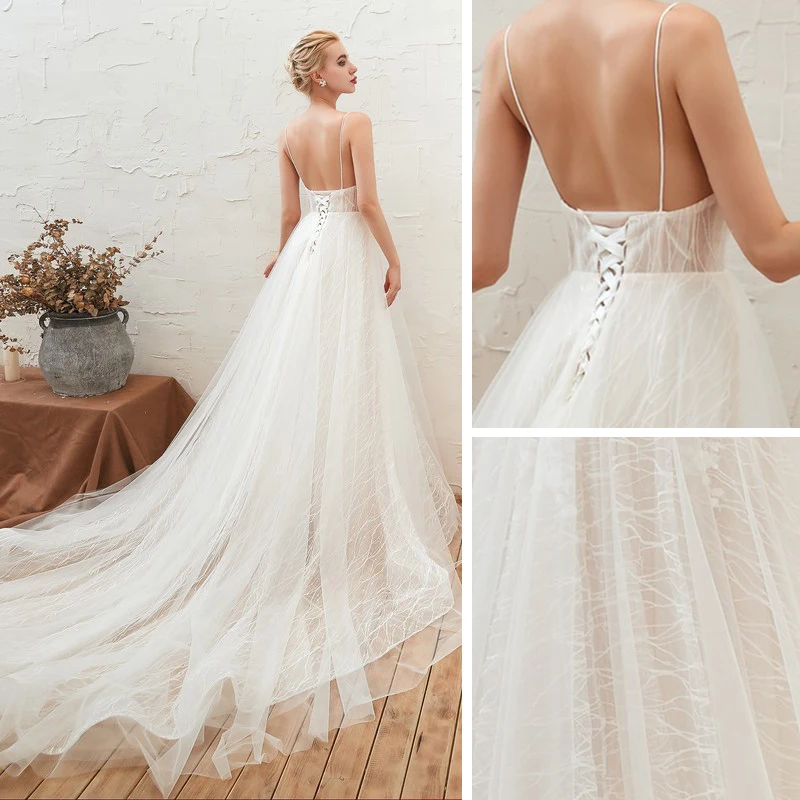Affordable Ivory Outdoor Garden Summer Wedding Dresses 2019 A Line Princess  Deep V Neck Sleeveless Backless Appliques Lace Court Train Ruffle