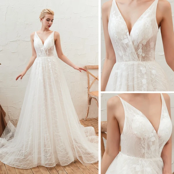 Affordable Ivory Outdoor / Garden Summer Wedding Dresses 2019 A-Line / Princess Deep V-Neck Sleeveless Backless Appliques Lace Court Train Ruffle