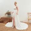 Affordable Ivory Chiffon Summer See-through Wedding Dresses 2019 A-Line / Princess Scoop Neck Sleeveless Appliques Lace Split Front Court Train Ruffle