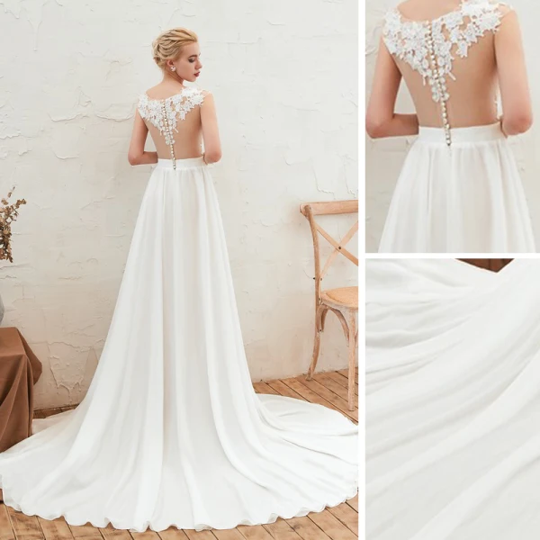 Abordable Ivoire Chiffon Été Transparentes Robe De Mariée 2019 Princesse Encolure Dégagée Sans Manches Appliques En Dentelle Fendue devant Tribunal Train Volants