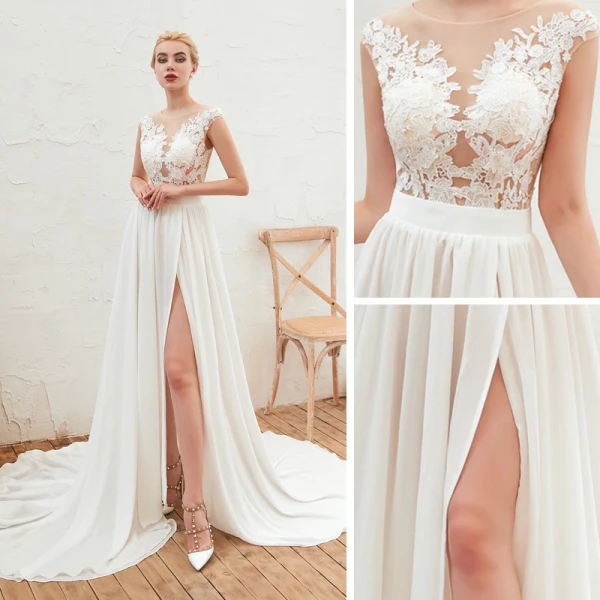 Abordable Ivoire Chiffon Été Transparentes Robe De Mariée 2019 Princesse Encolure Dégagée Sans Manches Appliques En Dentelle Fendue devant Tribunal Train Volants