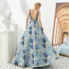 Best Navy Blue Jacquard Prom Dresses 2019 A-Line / Princess Deep V-Neck Sleeveless Beading Rhinestone Floor-Length / Long Ruffle Backless Formal Dresses