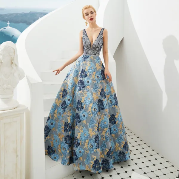 Best Navy Blue Jacquard Prom Dresses 2019 A-Line / Princess Deep V-Neck Sleeveless Beading Rhinestone Floor-Length / Long Ruffle Backless Formal Dresses