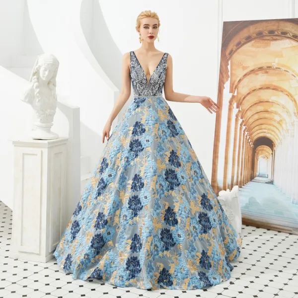 Best Navy Blue Jacquard Prom Dresses 2019 A-Line / Princess Deep V-Neck Sleeveless Beading Rhinestone Floor-Length / Long Ruffle Backless Formal Dresses